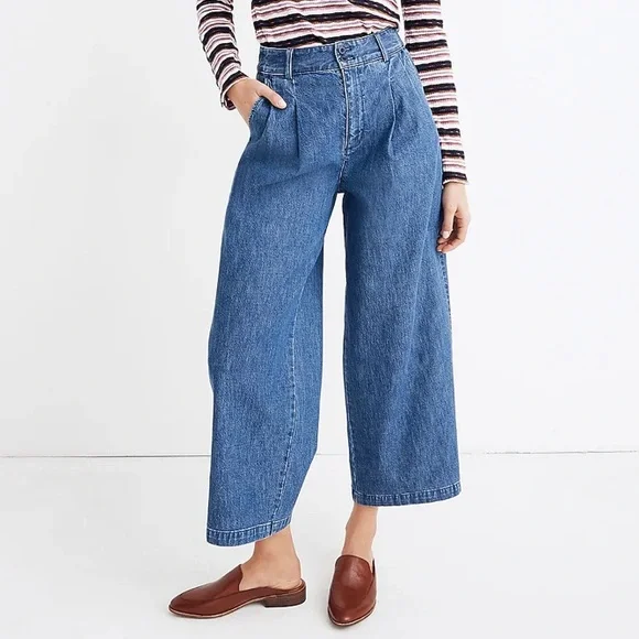 Madewell Wide Leg Cropped Jeans in Medium Blue - Picture 1 of 7